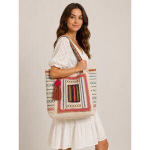 Fabulous MJ New York Embroidered Boho Tote Bag Canvas Beach Resort Large